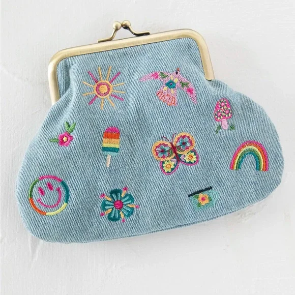 Natural Life Embroidered Kisslock Coin Purse; Denim NWT - Picture 1 of 3